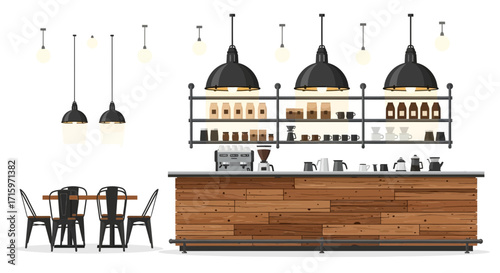 Inviting coffee shop interior design with wooden counter and stylish lighting