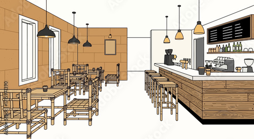 Inviting coffee shop interior with bamboo furniture and cozy ambiance