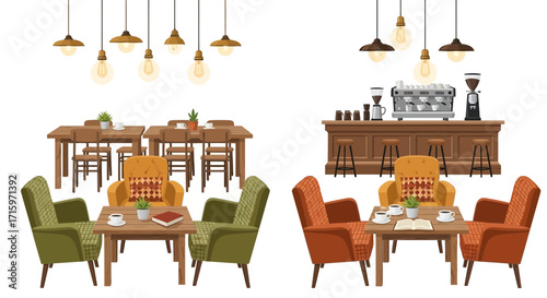 Inviting coffee shop interior illustrations with charming furniture arrangements