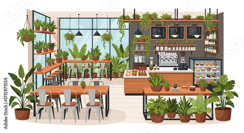 Inviting indoor cafe space adorned with lush greenery and modern design