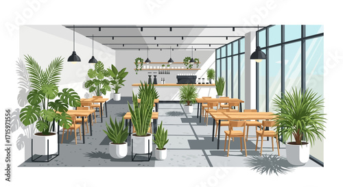 Inviting indoor cafe setting with ample natural light and green plants