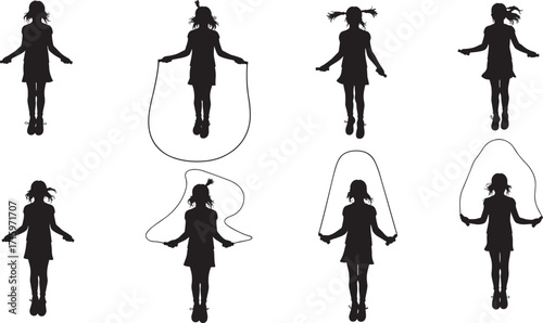 Silhouette of girl skipping rope, children exercise activity, fitness training, outdoor play, jump rope workout, healthy lifestyle, fun sport movement