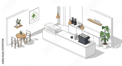 Isometric view of a trendy minimalist café interior design and layout