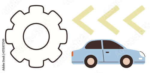 Gear alongside a blue car and directional arrows representing process, innovation, movement. Ideal for workflow, automation, progress, transportation, mechanics, system efficiency connectivity