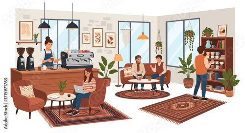 Lively café atmosphere with patrons enjoying drinks and working remotely