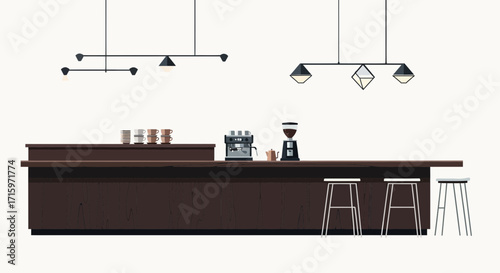 Minimalist Coffee Bar Interior Scene with Overhead Lighting Fixtures