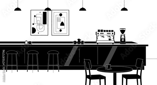 Minimalist cafe design with espresso machine, bar stools and table seating