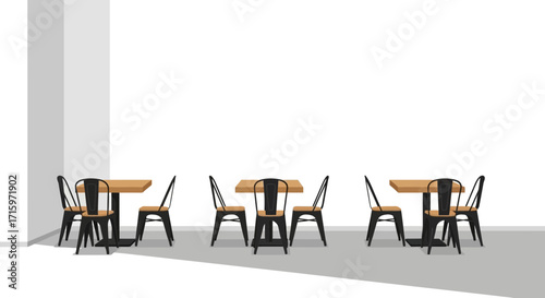 Minimalist Empty Cafe Terrace Featuring Wood Tables and Black Metal Chairs