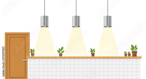 Minimalist Interior Scene with Plants, Tiles and Lighting Fixtures