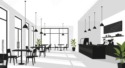 Minimalist monochrome coffee shop interior with modern design elements
