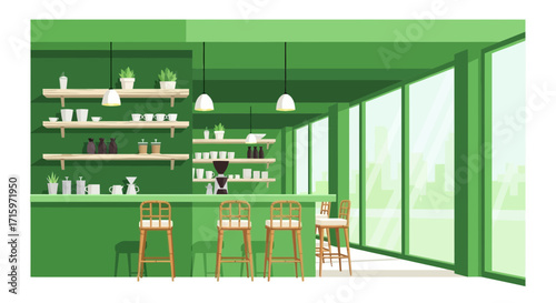 Minimalistic green coffee shop interior with stylish bar and modern design