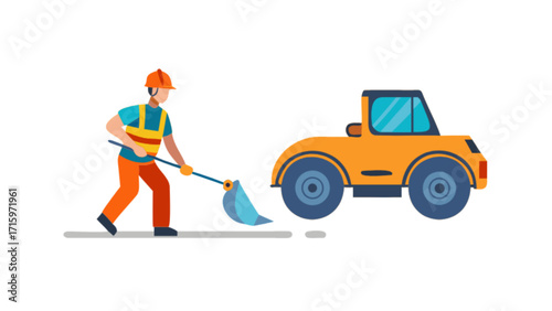 A worker sweeping the road with a blue shovel and a yellow car parked nearby on a white background scene