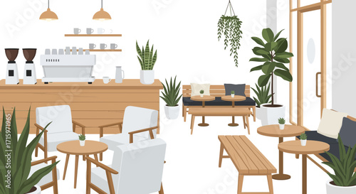 Modern and stylish coffee shop interior featuring plants and wood accents