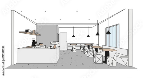 Modern cafe interior design with minimalist aesthetic and clean line art