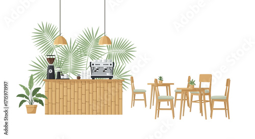 Modern cafe interior with tropical decorations and bamboo counter design