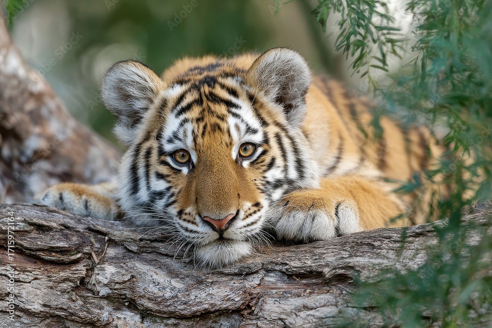 Fototapeta premium Closeup Portrait of an Orange Bengal Tiger Cub Relaxing on a Fallen Tree Trunk, Captivating Big Cat Face in the Forest