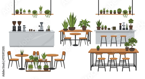 Modern Coffee Shop Interior with Green Plants and Stylish Furniture