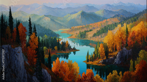 鮮やかな紅葉と透き通る空気感をアクリル絵の具で表現した秋の自然風景イラスト、感動的な景色と柔らかなタッチが魅力の抽象的構図、デザイン素材や壁紙にも適した芸術作品