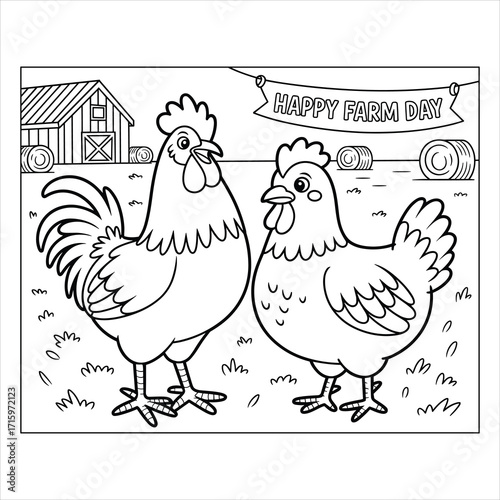 Rooster and Hen Coloring Page Vector