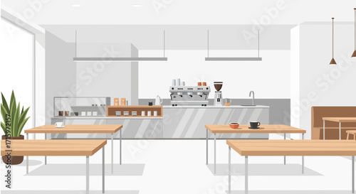 Modern minimal coffee shop interior with tables, chairs and equipment