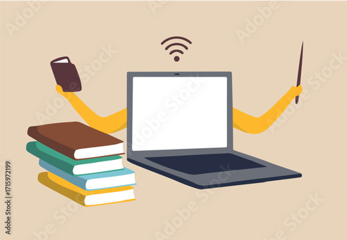 Online e-learning, teaching via internet course or study online at home in Coronavirus COVID-19 outbreak concept, computer laptop with math equation on display with hands as professor or teacher. 
