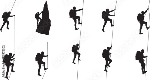 Silhouette of rock climber on cliff, extreme adventure sport, mountain climbing challenge, rope safety, outdoor exploration, fitness strength, climbing activity