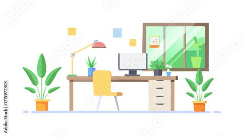 Illustration of a desk with a computer plants and a lamp in front of a window during the daytime