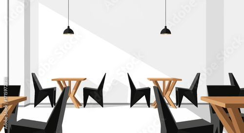 Modern Restaurant Interior with Geometric Chairs and Wood Tables