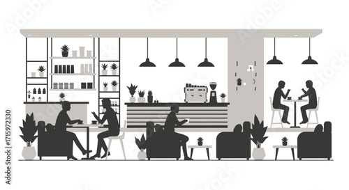 Modern monochrome coffee shop interior scene with silhouettes of people