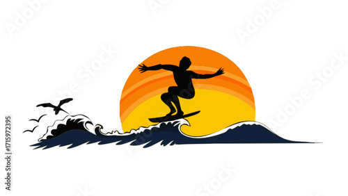 Silhouette of a surfer riding a wave with birds flying in front of a sunset background scene image