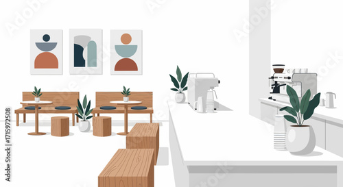 Serene minimal style coffee shop interior with furniture and decoration