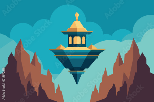 Fantasy Floating Temple Between Mountain Cliffs