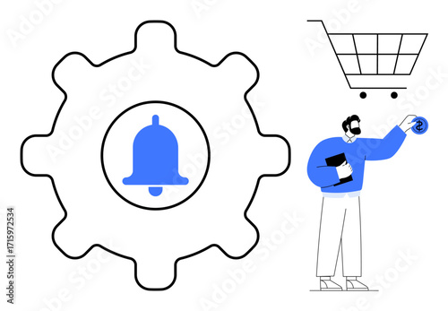 Gear with notification bell, man holding tablet initiating online purchase, digital wallet payment, shopping cart. Ideal for e-commerce, notifications, digital payment, productivity, app UI online