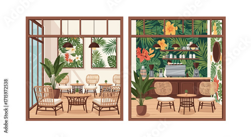Serene indoor cafe with tropical botanical wallpaper and wicker furniture