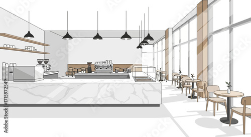 Sketch of an airy modern coffee shop interior with minimalistic design elements