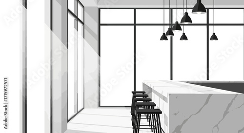 Sleek modern cafe interior showcasing marble counter and bar stools