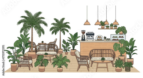 Serene outdoor cafe with tropical greenery and relaxed seating setup