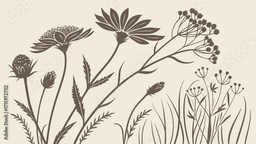 Illustration of various wildflower species with detailed line work in a natural color palette design style