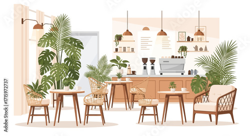 Stylish and cozy botanical cafe interior with tropical plants, tables