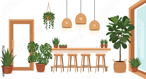 Stylish and Green Interior with Wooden Accents and Varied Plant Life