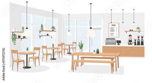 Stylish and Cozy Coffee Shop Interior Design Vector Illustration