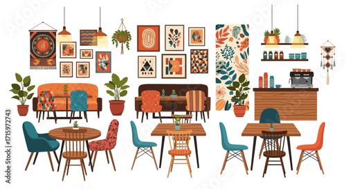 Stylish and inviting interior design of a cozy cafe with a bohemian vibe