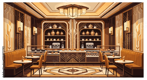 Stylish art deco coffee shop interior with vintage furniture and warm colors