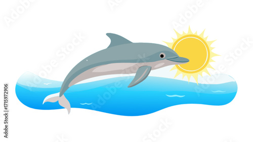 A dolphin jumping out of the water with the sun shining brightly in the background on a white backdrop
