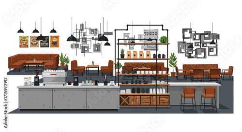 Stylish cafe interior with modern decor and comfortable seating arrangements