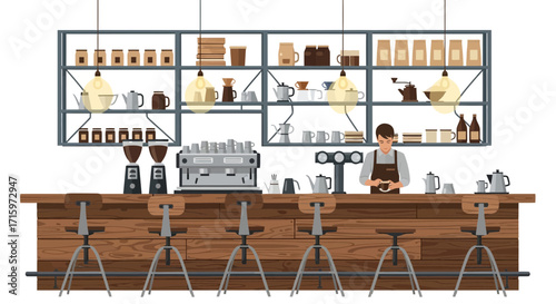 Stylish Coffee Bar Illustration with Shelves, Barista and Wooden Counter