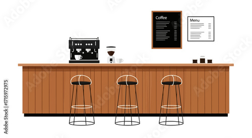 Stylish coffee bar interior design with modern espresso machine and stools