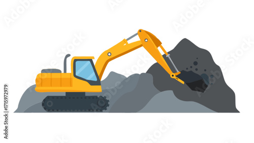 A yellow excavator digging into a pile of dark gray rocks and debris on a white background scene