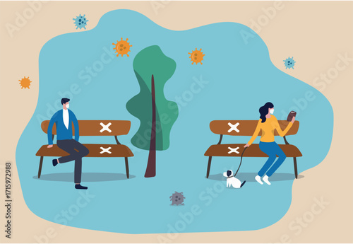Social distancing Coronavirus COVID-19 pandemic, new normal people wearing protective mask keep distance away in public concept, people sitting keep distance away in public park with sign on chairs. 
