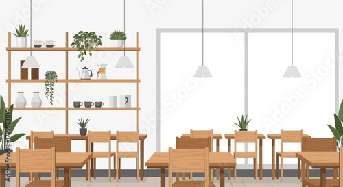 Stylish coffee shop interior with wooden furniture and decorative elements